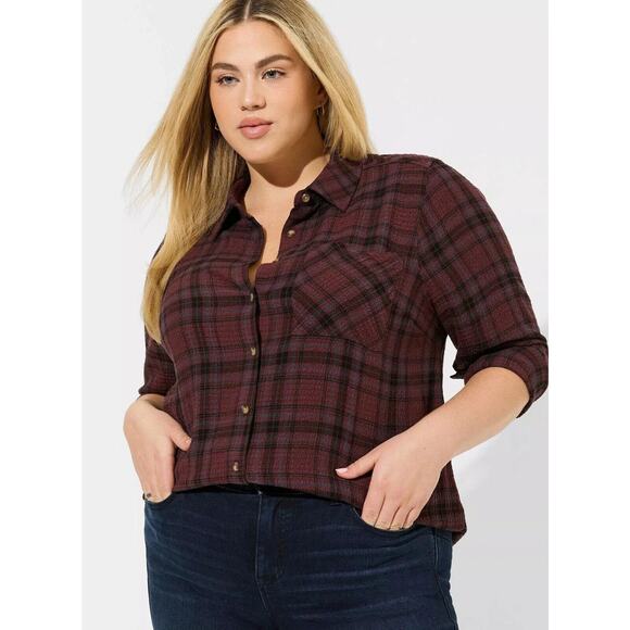 torrid Tops - Torrid Lizzie Crinkle Flannel Gauze Button Up Tunic Red Plaid Plus Size 3 3X